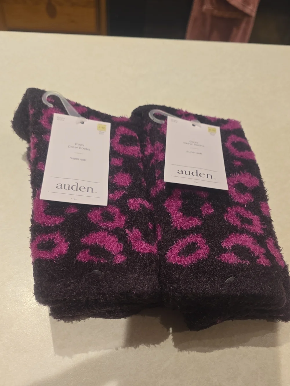 BIN Auden Purple Leopard Print Cozy Crew Socks Lot Of 2 Pairs